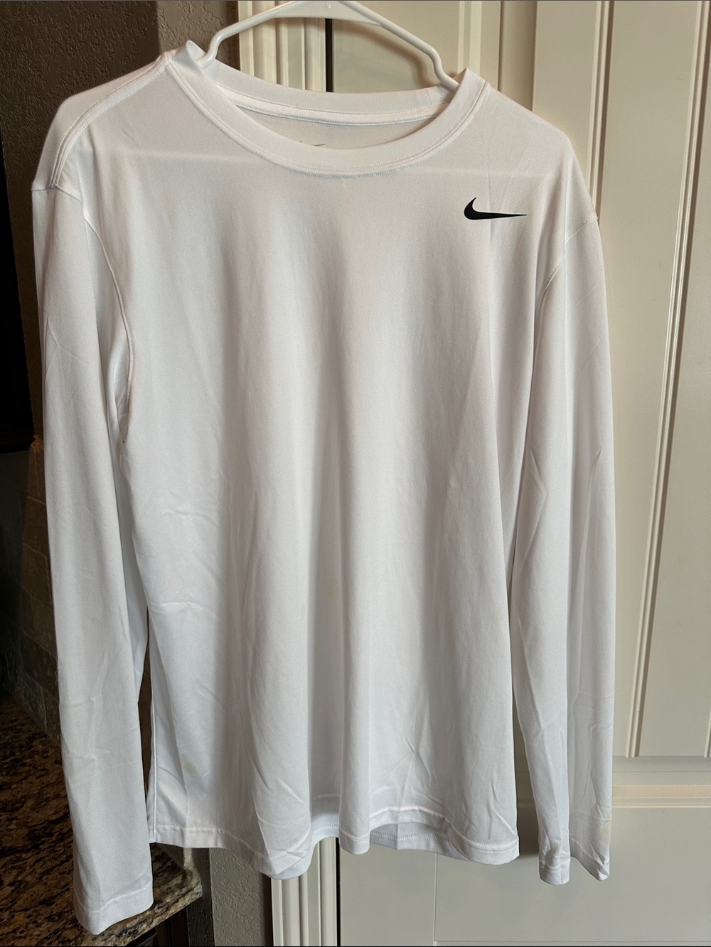 Nike White Long-Sleeve Athletic Crew with Black Swoosh